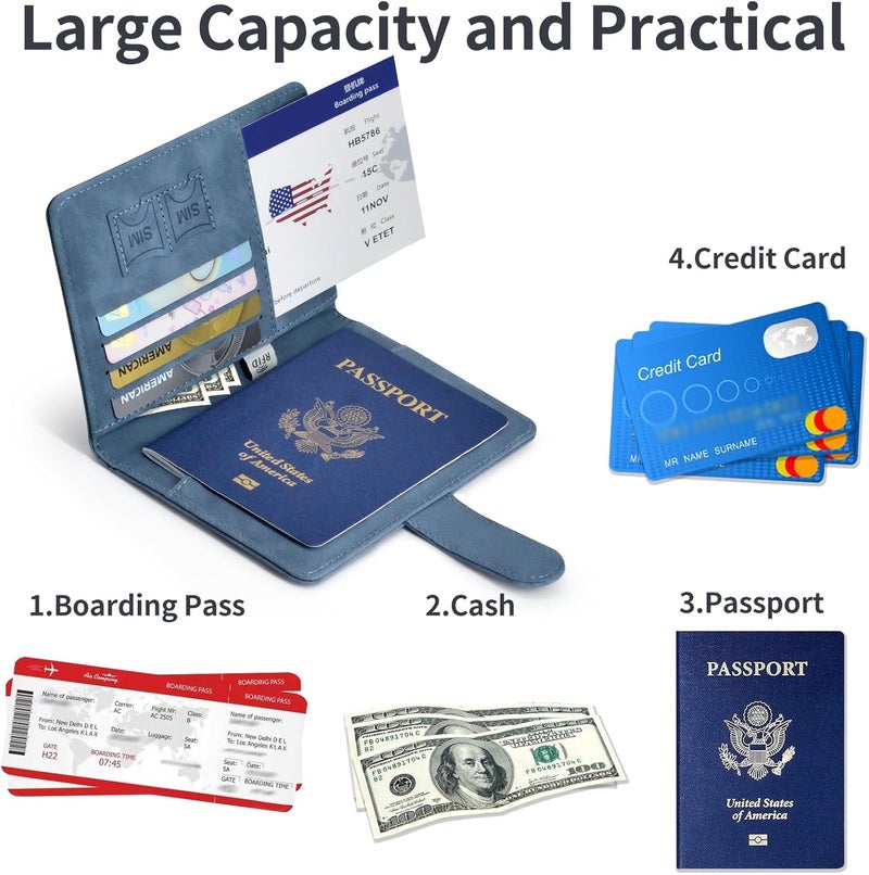 KAOBAN Passport Holder, Passport Cover with Credit Card Slot and Boarding Pass Slot Combo, Passport Wallet Case Book Travel Must Have, RFID Blocking Leather Travel Accessories, Navy Blue - Image 4